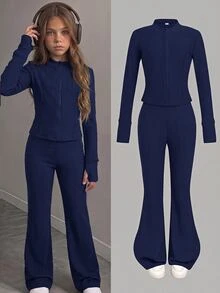 SHEIN 青少年女孩拉鍊夾克外套與喇叭褲套裝 - 藏蓝色 - 查看 1