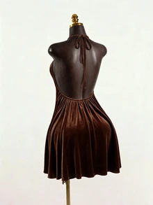 SaltGleam SaltGleam Women's Elegant Velvet Halter Neck Dress - Brown - View 1