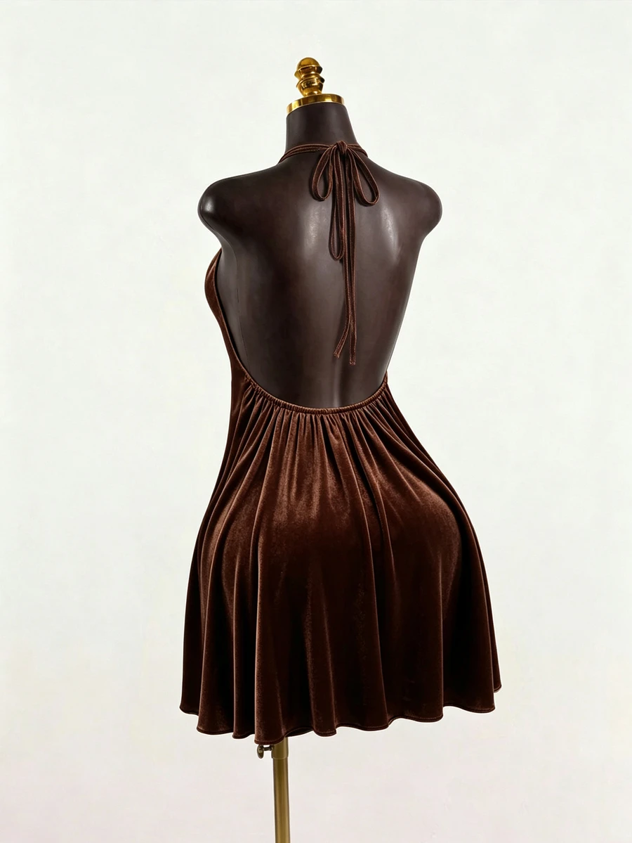 SaltGleam SaltGleam Women's Elegant Velvet Halter Neck Dress - Brown - View 1