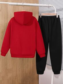 SHEIN 青少年男孩連帽衛衣熱情紅運動服黑色長褲字母圖案休閒運動寬鬆兩件套，適合休閒戶外運動與學校場合，適合秋冬穿著，休閒通勤，秋季服飾 - 彩色 - 查看 2