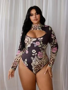 Rustia Plus Size Printed Leopard Print Long Sleeve Cut Out Chest Hollow Waist Bodysuit - Multicolor - View 3