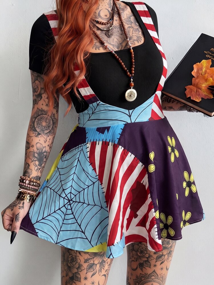 Whyspr Grunge Punk Plus Size Women's Casual Goth Spaghetti Strap Printed A-Line Dress, Vintage Y2K Style Halloween Party Black Butter Yellow Summer - Multicolor - View 6