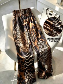 GlowEve CURVE Plus Size Leopard & Zebra Print High Waist Wide Leg Pants With Belt, Casual Loose Long Pants - Brown - View 1