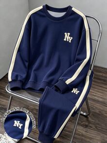 2pcs Young Boy Cool Graphic & Personalized Geometric Fashion Print Crew Neck Sweatshirt And Sweatpants Set, Suitable For Holiday Parties - Navy Blue - View 2