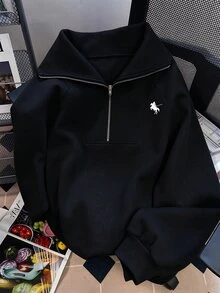 INAWLY 休閒寬鬆版高領半拉鍊印花長袖運動衫 - 黑色 - 查看 1