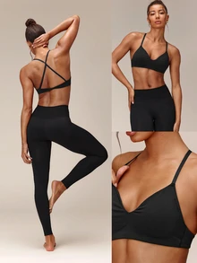 GLOWMODE Seamless Twist Of Summer Sports Bra With Twist Cross-Back Design & Removable Cups Low Impact Yoga Pilates Barre Lagree Studio Active Wear - Black - View 8