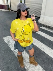LOONEY TUNES X SHEIN 大尺碼女款卡通印花休閒日常短袖T恤 - 白色 - 查看 3
