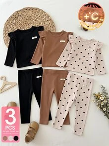 SHEIN Vintaside Kids 3件組幼女嬰女童打底褲長褲 可愛學院風甜美風 棕色粉色黑色愛心印花拼接 全長修身款 適合假日秋季保暖 - 卡其色 - 查看 1