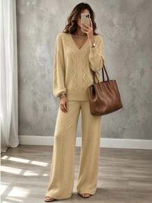 Breezaya Women's Solid Color V-Neck Long Sleeve Top And Pants Casual Daily Knit 2 Pieces Set - Khaki - View 1