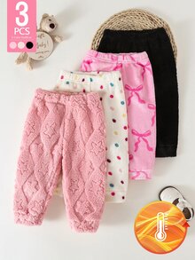 SHEIN 4件組女嬰幼兒女童抓絨褲 可愛甜美粉色白色黑色波點蝴蝶結印花 毛茸茸厚實 秋冬冬季節日派對毛衣褲 - 酒紅色 - 查看 3