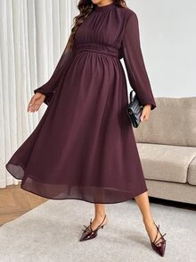 SHEIN Maternity Solid Color Pleated Casual Party & Travel Dress - Burgundy - View 1