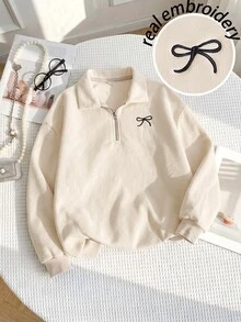 SHEIN 青少年女孩休閒基礎款半拉鍊高領精緻蝴蝶結刺繡花卉灰色保暖內裡加厚套頭衛衣 秋冬款 - 杏色 - 查看 1