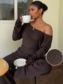 Muchica Plus Size Textured Cold Shoulder Long Sleeve Top And Drawstring Waist Pants 2 Pieces Set - Brown - View 3