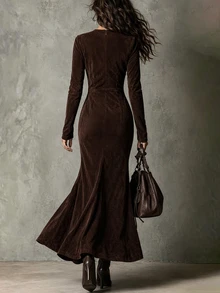 LUMIGAL Women's V-Neck Long Sleeve Waist-Cinching Hem Split Dress - Coffee Brown - View 2