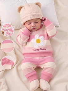 SHEIN Newborn Baby Letter & Floral Print Long Sleeve Top And Pants Casual Everyday Set - Pink - View 1