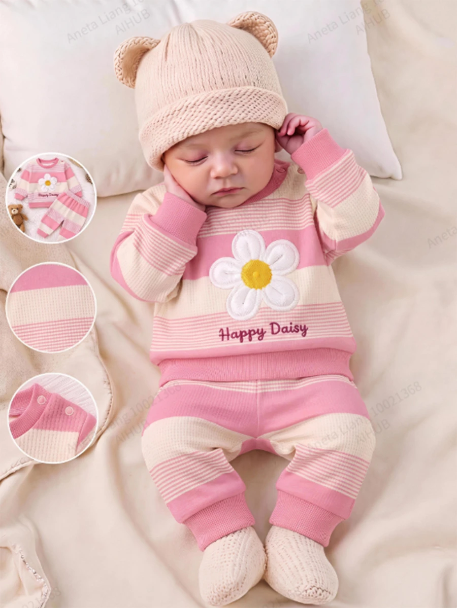 SHEIN Newborn Baby Letter & Floral Print Long Sleeve Top And Pants Casual Everyday Set - Pink - View 1