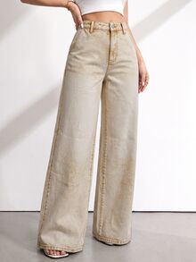 SHEIN Tall 女款時尚百搭鈕扣口袋牛仔褲 - 卡其色 - 查看 4