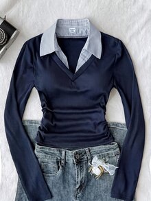Teen Girls V-Neck Long Sleeve 2 In 1 Shirt Collar Fitted Knit T-Shirt - Navy Blue - View 1