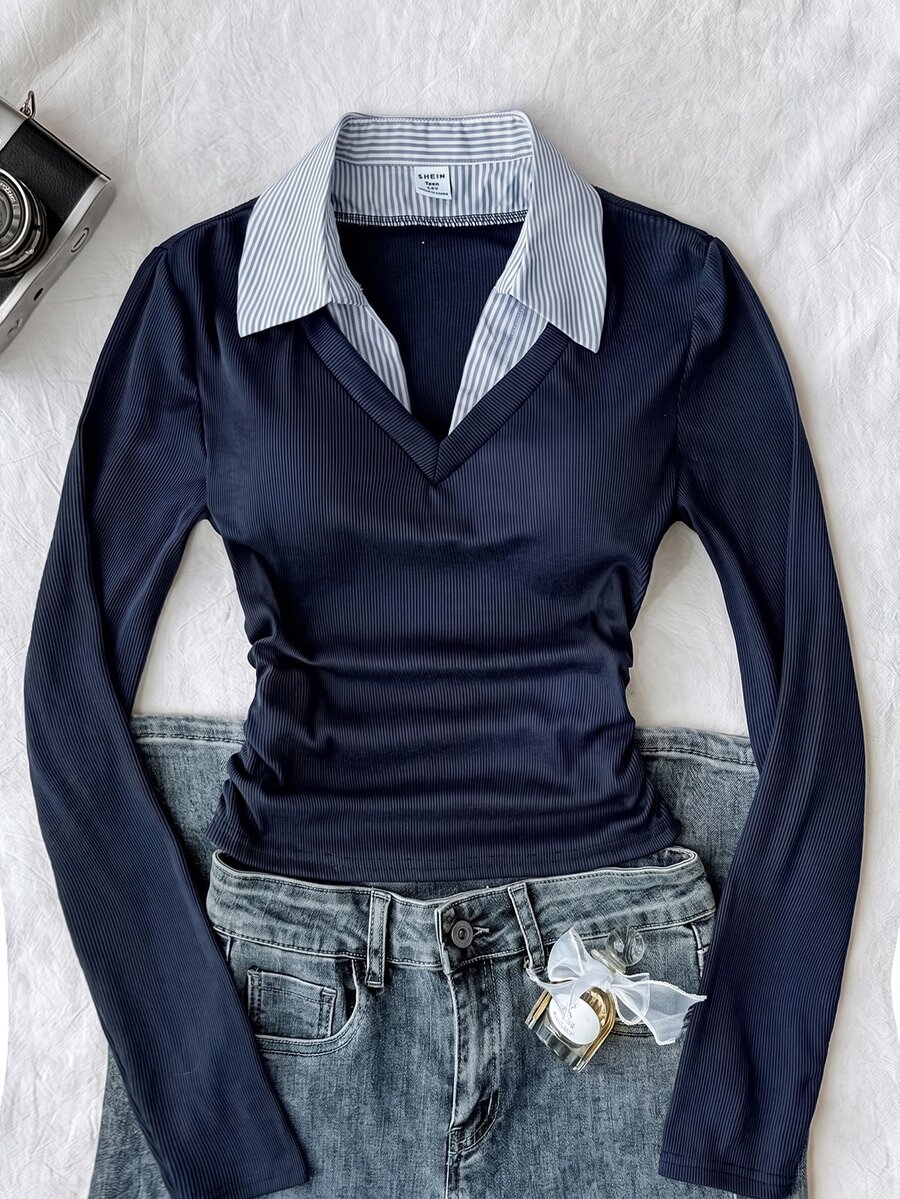 Teen Girls V-Neck Long Sleeve 2 In 1 Shirt Collar Fitted Knit T-Shirt - Navy Blue - View 1