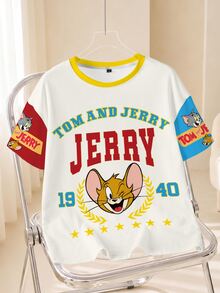 TOM & JERRY X SHEIN Women's Letter Print Round Neck Short Sleeve Casual T-Shirt - White - View 1