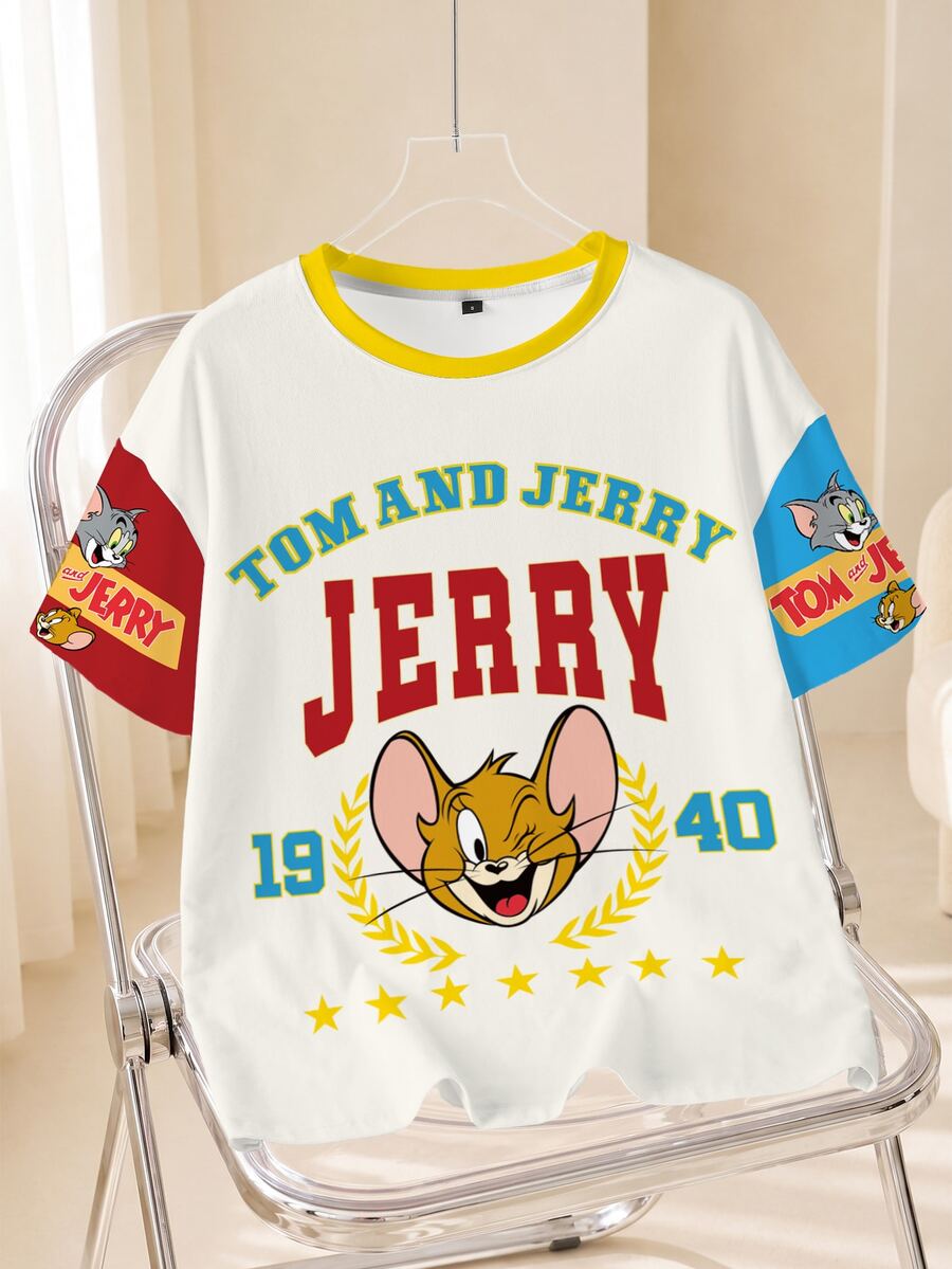 TOM & JERRY X SHEIN Women's Letter Print Round Neck Short Sleeve Casual T-Shirt - White - View 1