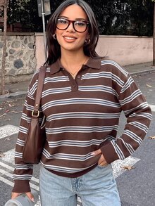SHEIN EZwear 秋季新款女款學院風條紋針織上衣，適合日常通勤、約會、聚會，適用秋冬春夏，聖誕節、新年、感恩節、派對、婚禮、海灘、畢業典禮，時尚優雅休閒，適合出遊、約會、通勤，亮面，情人節 - 彩色 - 查看 10