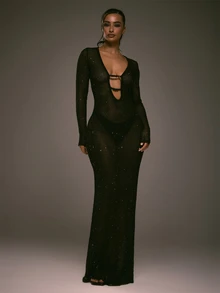 MUSERA Black Knit Beaded Cut Out Maxi Dress Fall Autumn Winter Going Out Evening Sexy - Black - View 4
