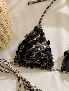 SHEIN Swim 女款 2 件式比基尼泳衣套裝，特殊紋理亮片面料，側綁帶泳褲，夏季海灘泳裝 - 黑色 - 查看 3