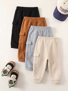 SHEIN 4件組嬰兒男孩與女孩可愛秋冬休閒百搭純色鬆緊腰長褲套裝，男孩慢跑長褲百搭多件組 - 彩色 - 查看 2