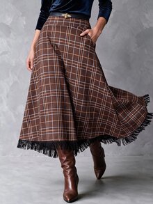 Solivie 女款秋季海軍藍格紋不對稱下擺裙 秋季穿搭 女款牛仔風造型 女款演唱會穿搭 流蘇裙 - 棕色 - 查看 5