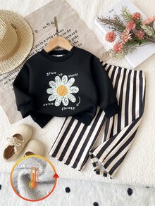 SHEIN 2件組幼女上衣褲子套裝，可愛黑白雛菊花條紋長袖圓領常規版聚會秋季假期套頭衫 - 淺灰色 - 查看 3
