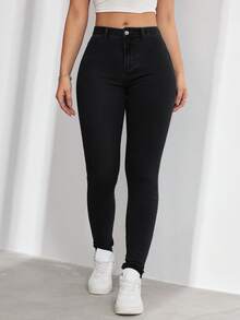 SHEIN ICON 大尺碼女款休閒舒適淺藍色彈性牛仔褲 - 黑色 - 查看 8