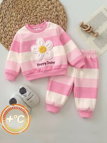 SHEIN Newborn Baby Letter & Floral Print Long Sleeve Top And Pants Casual Everyday Set - Pink - View 10