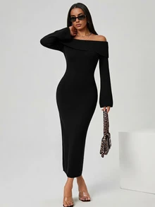 SHEIN BASICS Women's Street Style Off-Shoulder Fashion Sweater Dress - Black - View 5