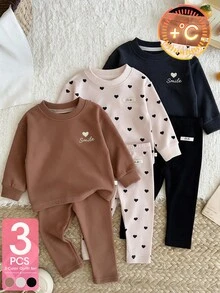 SHEIN Vintaside Kids 3件組幼女嬰女童打底褲長褲 可愛學院風甜美風 棕色粉色黑色愛心印花拼接 全長修身款 適合假日秋季保暖 - 卡其色 - 查看 3
