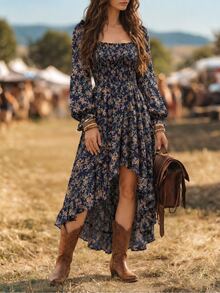 SHEIN Autumn/Winter Ditsy Ditsy Floral Square Neck Shirred Bust Asymmetrical Ruffle Hem Bohemian Country Boho Women's Long Dress Concert Vacation - Navy Blue - View 3