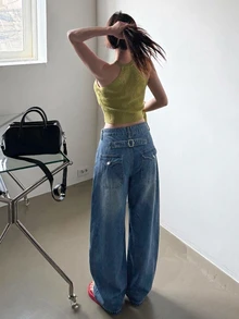 DAZY 對比縫線寬鬆弧形褲管休閒街頭風夏季女款牛仔褲 - 中等水洗藍 - 查看 7