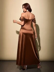 Viva Relle Chocolate Brown Satin Cold Shoulder Corset Maxi Dress Ruched Fold Bust Boned Waist Pleated A Line For Cocktail Formal Summer Elegant Sexy - Coffee Brown - View 2