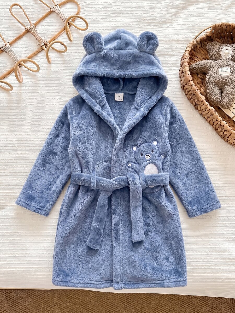 SHEIN 小男孩針織純色刺繡連帽休閒開襟衫 秋冬家居服 - 霧霾藍 - 查看 1