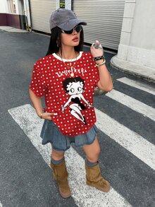 Betty Boop x SHEIN Plus Size Women's Cartoon Print Casual Short Sleeve T-Shirt For Daily Wear - White - View 9