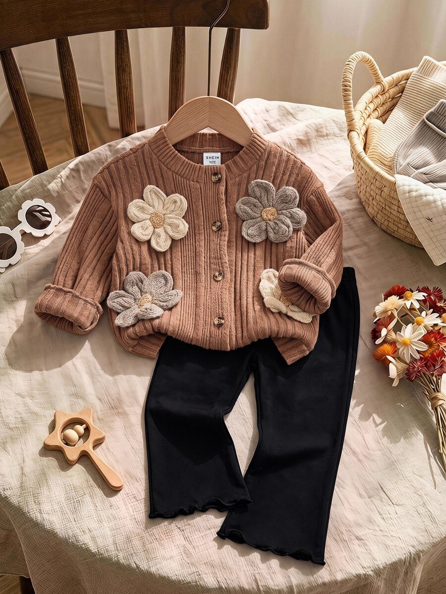 SHEIN Baby Girl 3D Floral Decor Long Sleeve Single-Breasted Jacket And Flare Pants Casual Set - Brown - View 1
