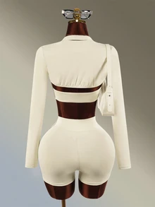 Amplova Women's Solid Color Long Sleeve Tank Top, Ruched Halter Neck Bra And Shorts Sports Set - White - View 2