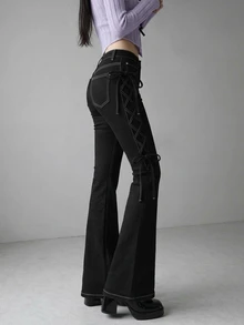 FRIFUL Celana Jeans Wanita Seksi dengan Kancing, Saku, dan Tali Pengikat Model Flare - Hitam - View 9