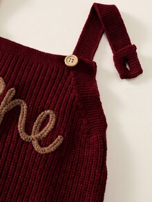 SHEIN 新生兒男嬰女嬰秋冬裝 卡其色針織連身衣 熊圖案手工刺繡吊帶褲毛衣，舒適時尚日常可愛復古經典百搭簡約多功能 - 酒紅色 - 查看 6