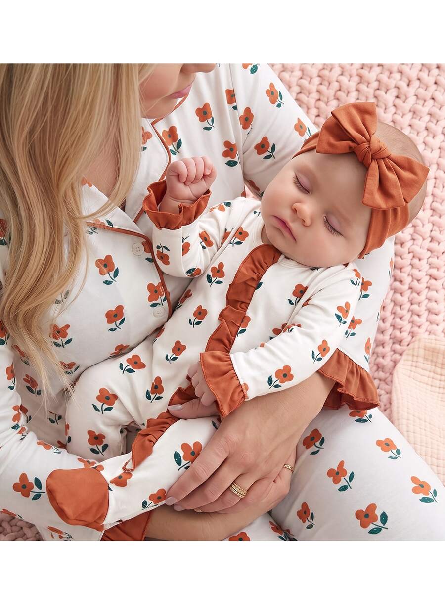 SHEIN Newborn Baby Floral Print Patchwork Ruffle Long Sleeve Romper - Yellow - View 1