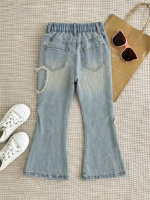 SHEIN Explorewe 女童幼兒新款休閒時尚極簡百搭 Y2K 復古水洗拼接蝴蝶破洞喇叭褲牛仔褲 - 中等水洗藍 - 查看 2