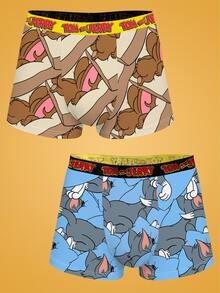 Notgurli TOM & JERRY X SHEIN 男士印花時尚四角內褲 (2件組) - 彩色 - 查看 1