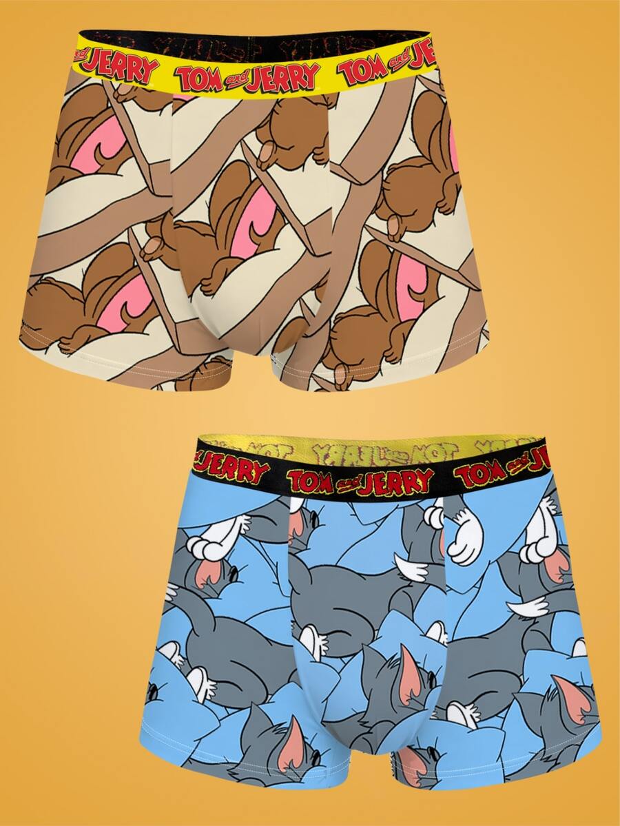 Notgurli TOM & JERRY X SHEIN 男士印花時尚四角內褲 (2件組) - 彩色 - 查看 1