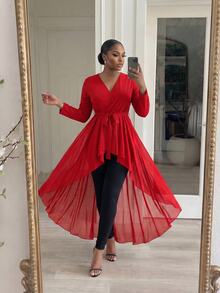 SHEIN Lady CURVE 大尺碼女款純色長袖高低下擺時尚襯衫，適合辦公、晚餐、晚宴，黑色，秋季優雅款 - 紅色 - 查看 5
