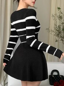 DAZY Women's Patchwork Striped Round Neck Long Sleeve Casual Knit Dress - Black - View 8
